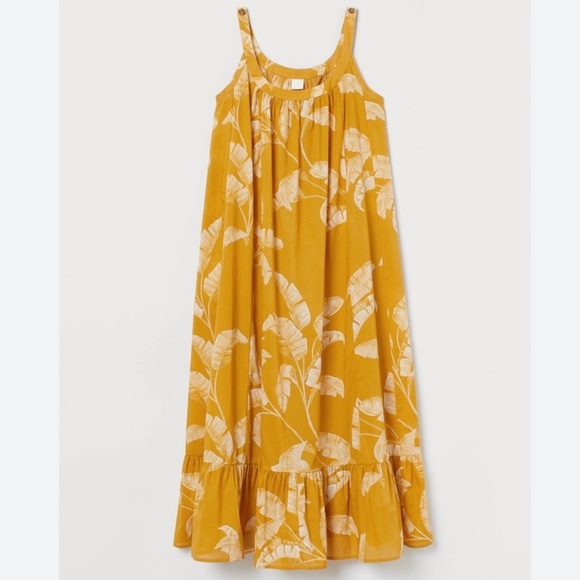H&M Dresses & Skirts - H&M Women’s Yellow Leaf Print Midi Ruffle Hem Flounced Dress Size 8